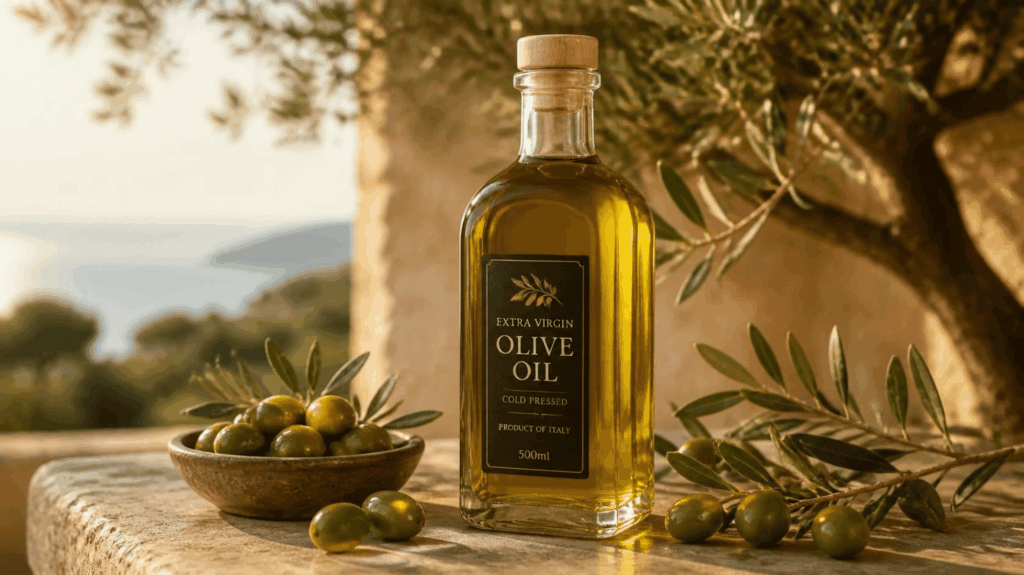 Extra virgin olive oil in a glass bottle with fresh green olives and olive branches