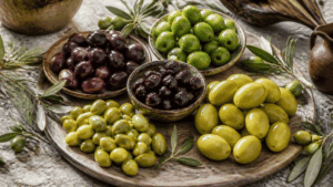 Assortment of Kalamata, Castelvetrano, Picholine, Niçoise, and Cerignola olives arranged with olive branches.