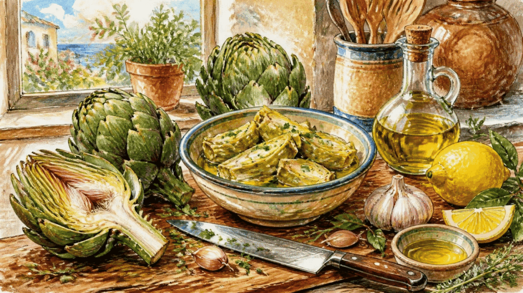 Watercolor illustration of whole and quartered artichokes with a bowl of prepared artichoke quarters, olive oil, garlic, lemons, and fresh herbs in a Mediterranean kitchen.
