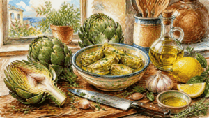 Watercolor illustration of whole and quartered artichokes with a bowl of prepared artichoke quarters, olive oil, garlic, lemons, and fresh herbs in a Mediterranean kitchen.