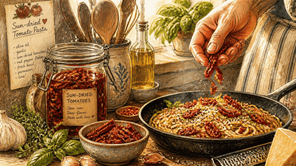 Illustrated Mediterranean kitchen scene showing sundried tomatoes being added to pasta with olive oil, garlic, basil, and Parmesan cheese.