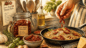 Illustrated Mediterranean kitchen scene showing sundried tomatoes being added to pasta with olive oil, garlic, basil, and Parmesan cheese.